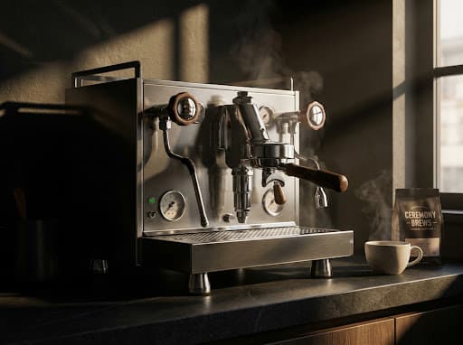 The Tea & Coffee Co. heritage espresso machine in obsidian finish, precision-engineered for Indian offices and cafes