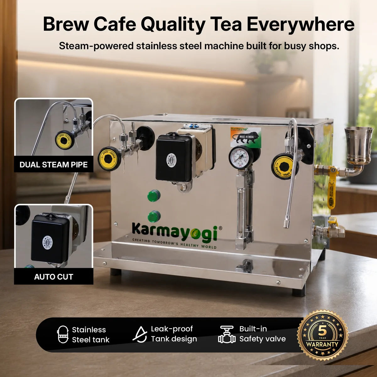 Karmayogi commercial steam tea and coffee machine with dual steam pipes, auto cut, pressure gauge and stainless steel body — 5 year tank warranty
