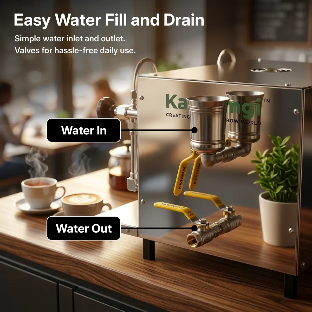 Karmayogi steam tea machine side view with the Water In funnel on top and the yellow Water Out drain valve at the bottom labelled
